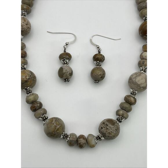 Beaded Stone Necklace & Earrings Set Natural Beige Sterling Silver Posts 18" - Picture 1 of 11